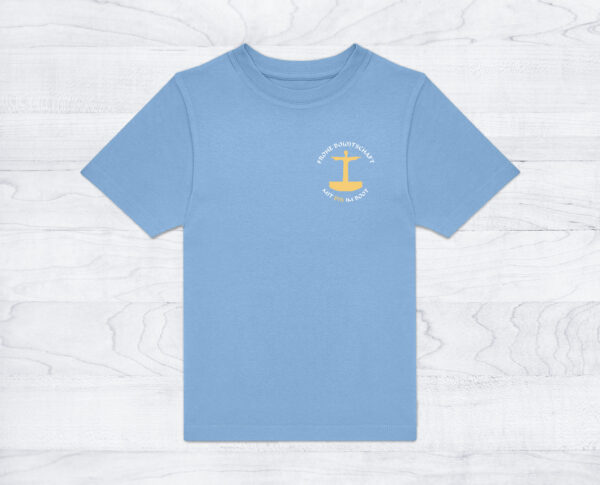 10_Kindershirt_Logo_sky-blue Kinder T-Shirt »Frohe Bo(o)tschaft«